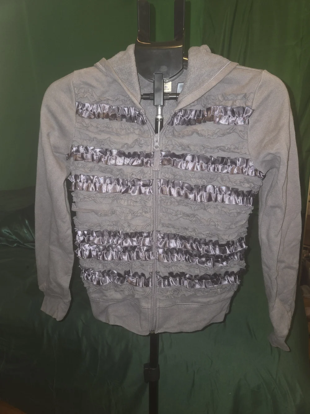Old Navy Gray Hooded Zip-Up Jacket with Ruffle Stripes
